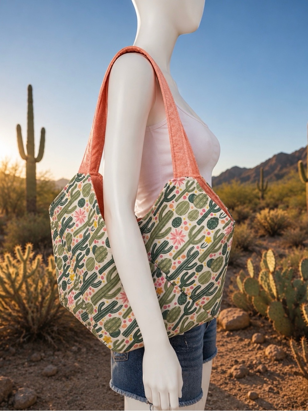 Cactus  Fabric Mondo Large Bag. Reversible. New. Tote